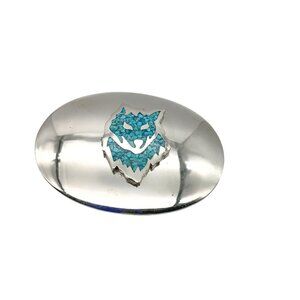 Vintage Western Silver Belt Buckle with Turquoise Inlay Wolf